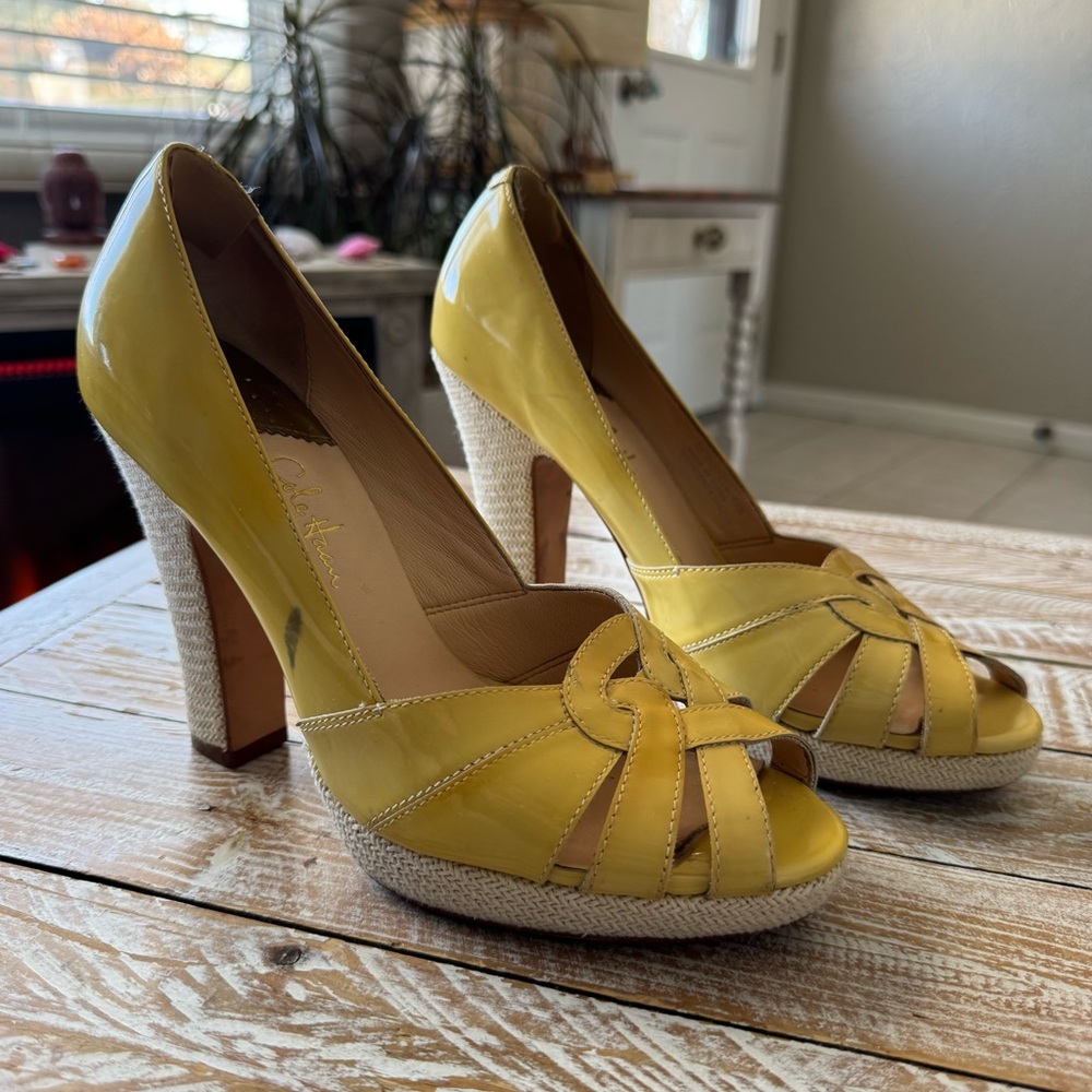 Cole Haan Yellow Patent Leather Peep-Toe Platform Heels